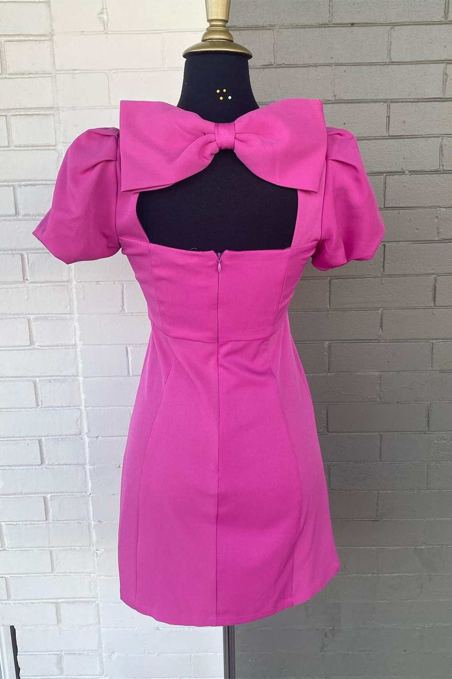 Neon Pink Bow-Back Puff Sleeve Short Homecoming Dress