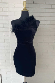 Black One-Shoulder Feathered Bodycon Short Party Dress