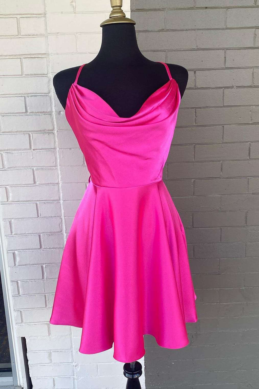 Neon Pink Cowl Neck Lace-Up A-Line Homecoming Dress