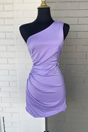 Lavender One-Shoulder Ruched Short Homecoming Dress