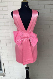 Pink Crew Neck Bow-Back Short Party Dress