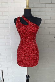 Red Sequin One-Shoulder Cutout Short Homecoming Gown