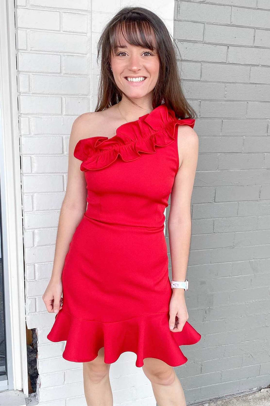 Red One-Shoulder Ruffled Mermaid Short Party Dress