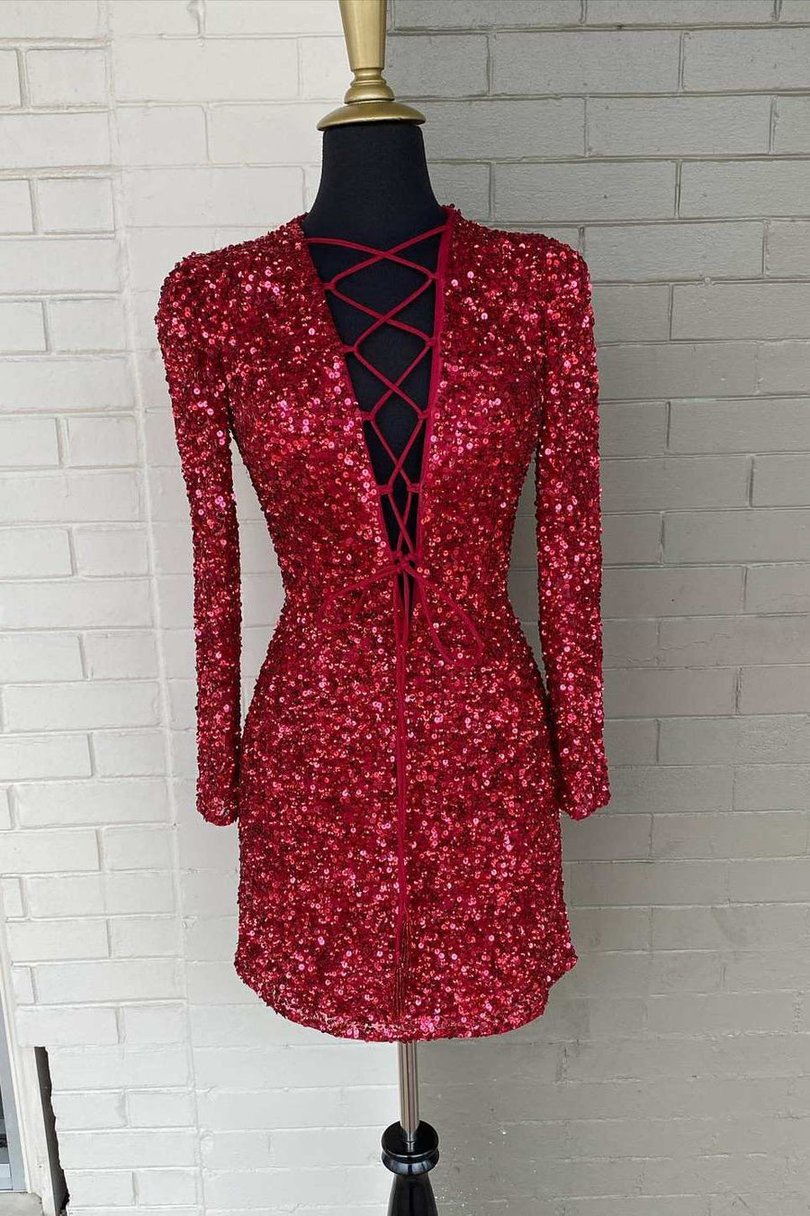 Red Sequin Lace-Up Long Sleeve Short Cocktail Dress