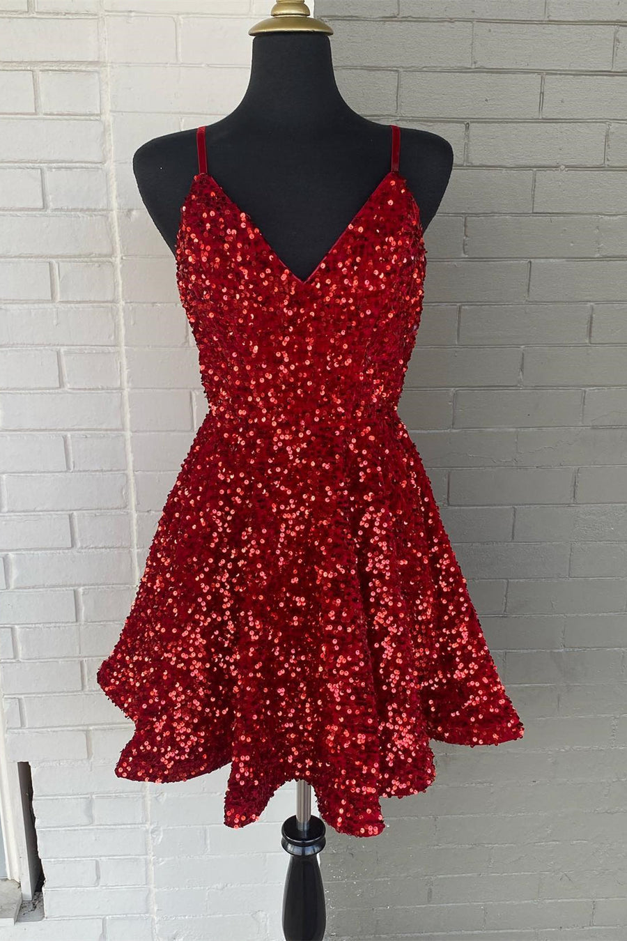 Red Sequin V-Neck Lace-Up A-Line Homecoming Dress
