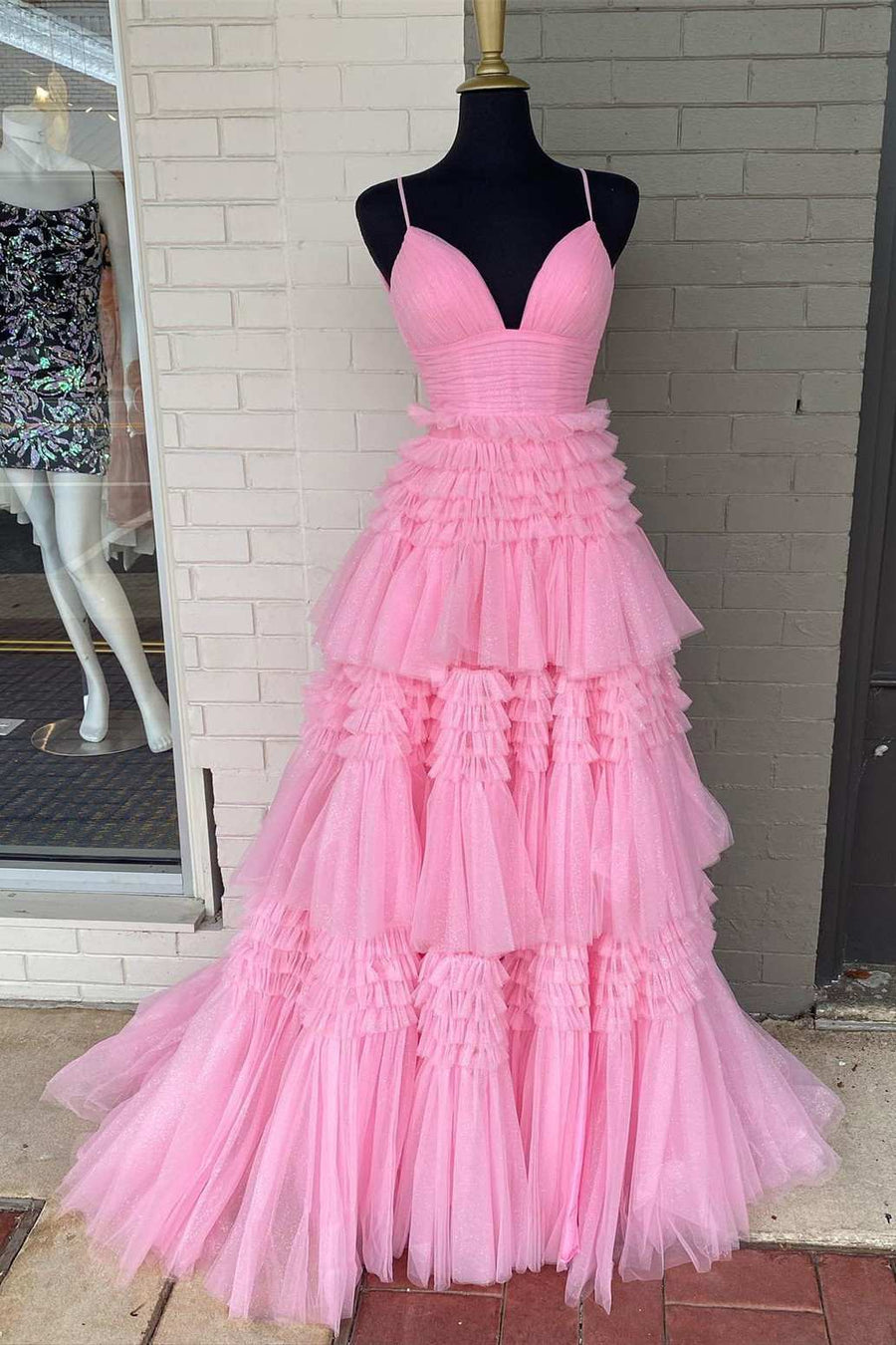 Black Tulle Multi-Tiered V-Neck Long Prom Dress