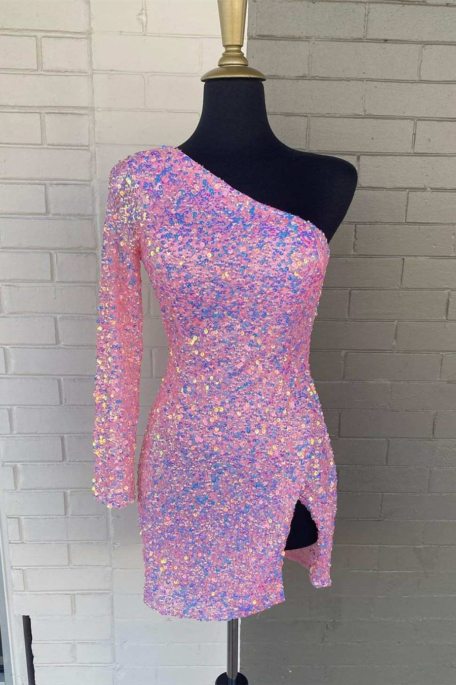 One Sleeve Hot Pink Sequins Party Dress