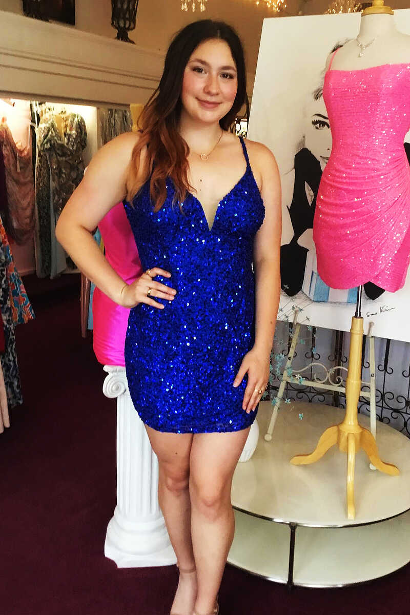 Royal Blue Sequin V-Neck Cutout Back Bodycon Short Dress