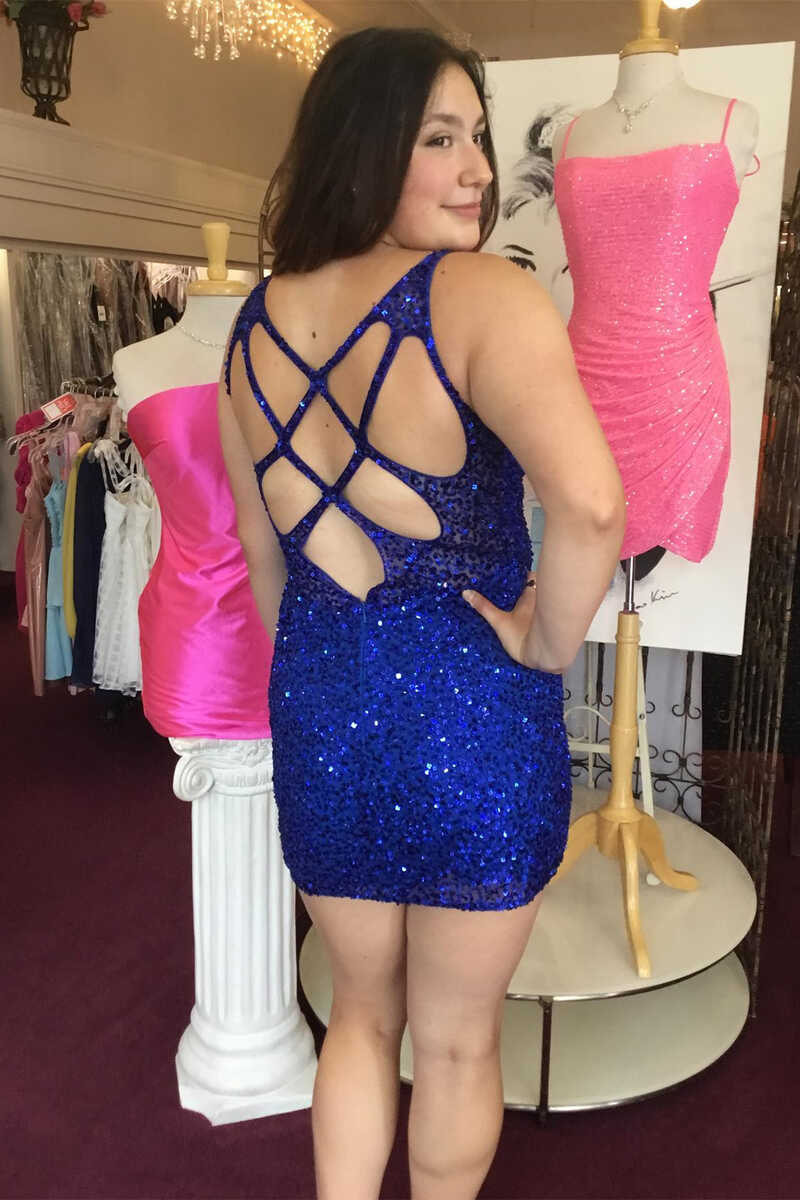 Royal Blue Sequin V-Neck Cutout Back Bodycon Short Dress