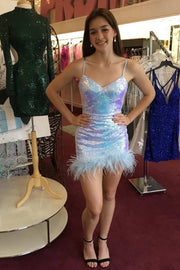 White Iridescent Sequin Straps Feathered Homecoming Dress