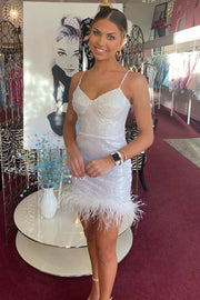 White Iridescent Sequin Straps Feathered Homecoming Dress