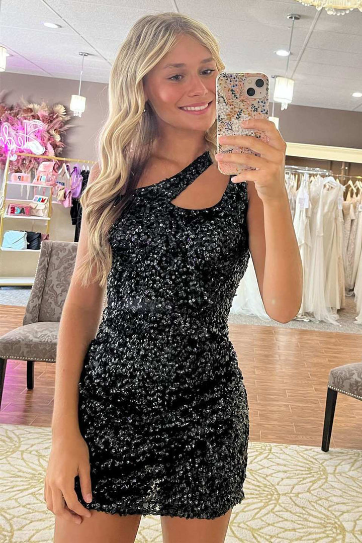 Red Sequin One-Shoulder Cutout Short Homecoming Gown