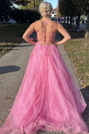 Lace Up Back Pink A-line Long Formal Dress