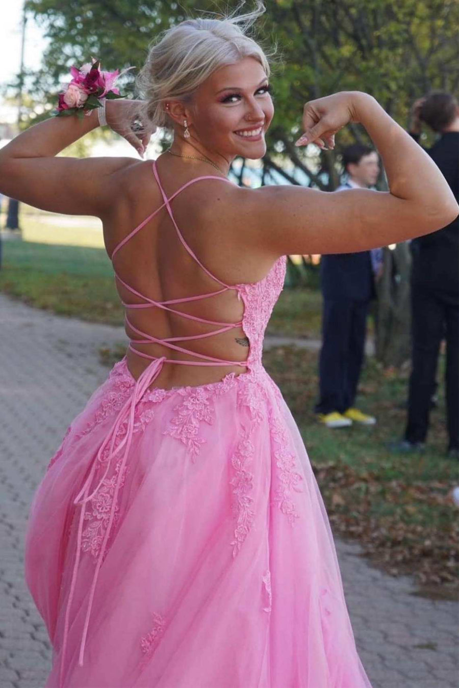 Lace Up Back Pink A-line Empire-Waist Lace Appliques Long Formal Prom Modsele Lace Up Back Pink A-line Empire-Waist Lace Appliques Long Formal Prom Modsele