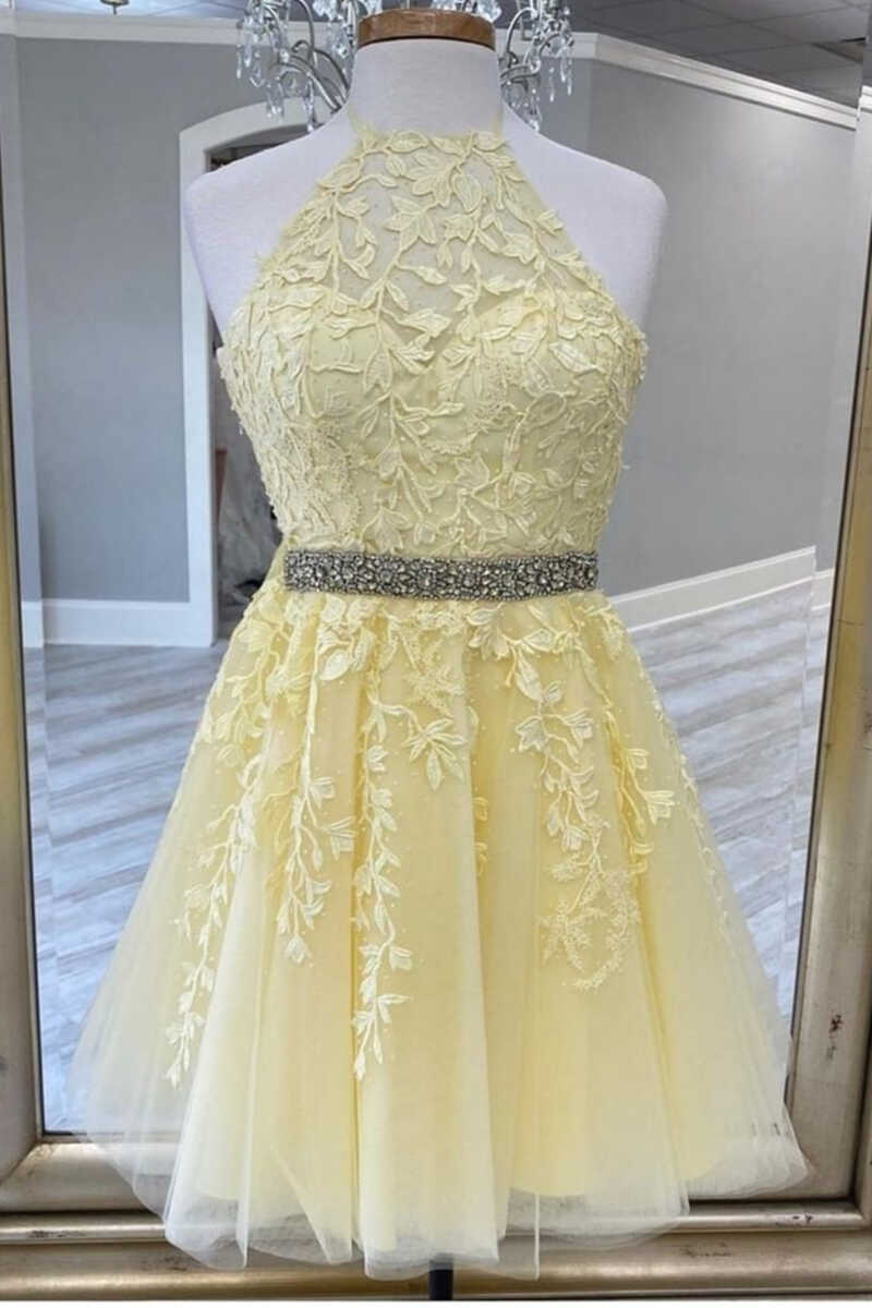 Yellow Appliques Halter A-Line Dress with Beaded Waist Sash