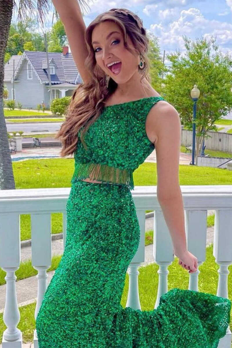 Green Sequin One-Shoulder Cutout Tassel Long Prom Dress