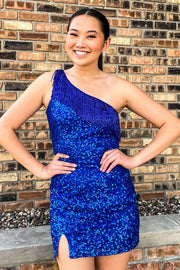 Blue Sequin One-Shoulder Fringe Short Party Dress