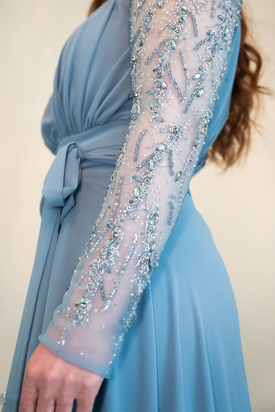 Dusty Blue Chiffon Beading Long Sleeve Bridesmaid Dress Modsele Dusty Blue Chiffon Beading Long Sleeve Bridesmaid Dress Modsele