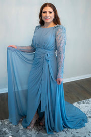 Dusty Blue Chiffon Beading Long Sleeve Bridesmaid Dress