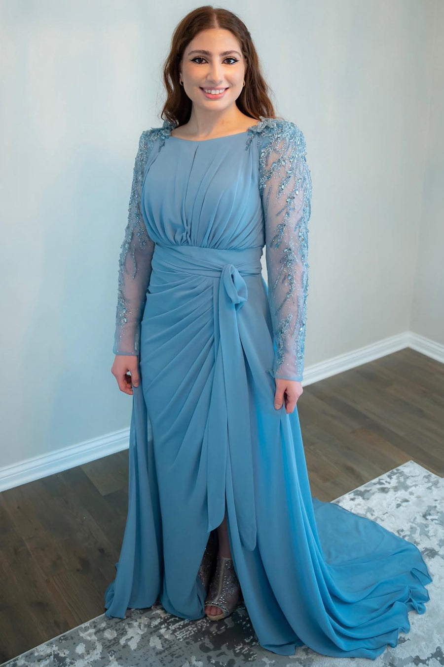 Dusty Blue Chiffon Beading Long Sleeve Bridesmaid Dress