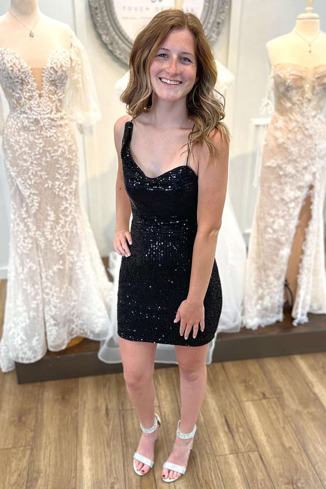 Asymmetrical Black Sequin Lace-Up Short Homecoming Dress