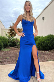 Blue V-Neck Lace-Up Long Formal Dress with Slit