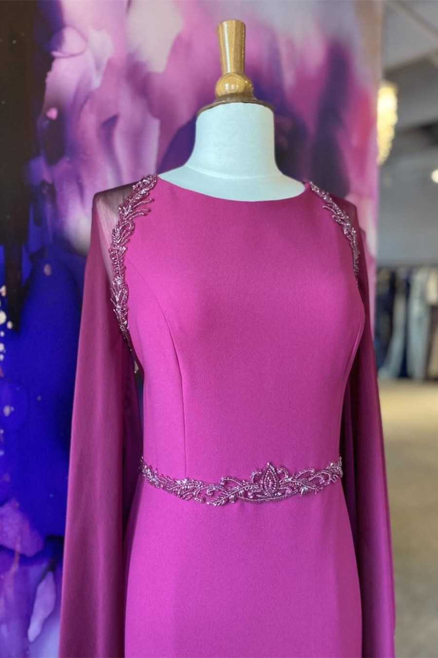 Elegant Crew-Neck Belted Long Formal Gown with Attached Train