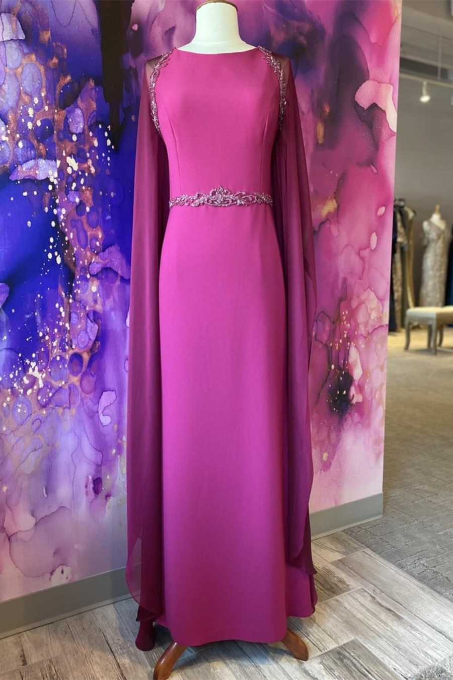 Elegant Crew-Neck Belted Long Formal Gown with Attached Train