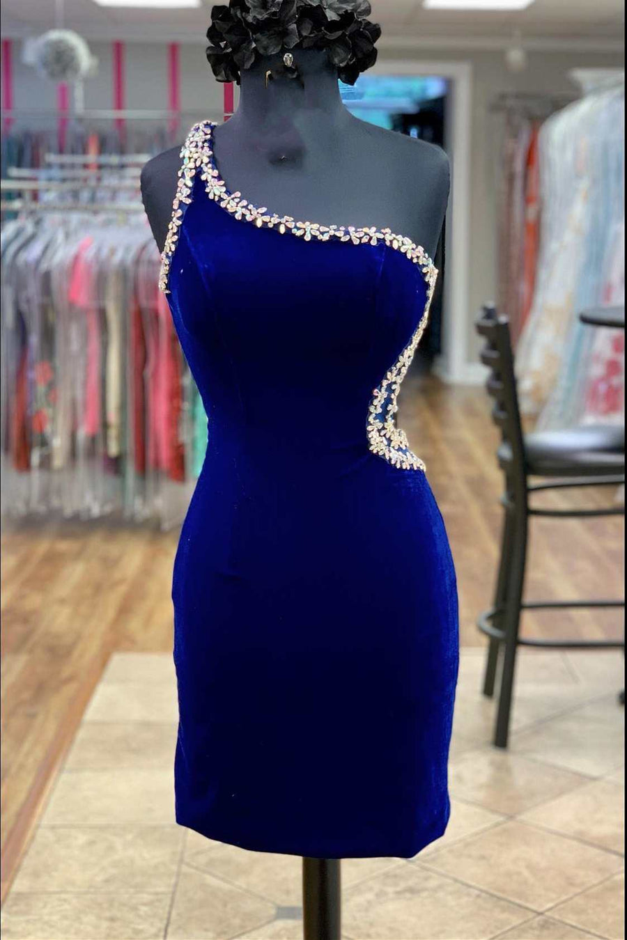 Royal Blue Velvet One-Shoulder Beaded Short Homecoming Dress Modsele Royal Blue Velvet One-Shoulder Beaded Short Homecoming Dress Modsele
