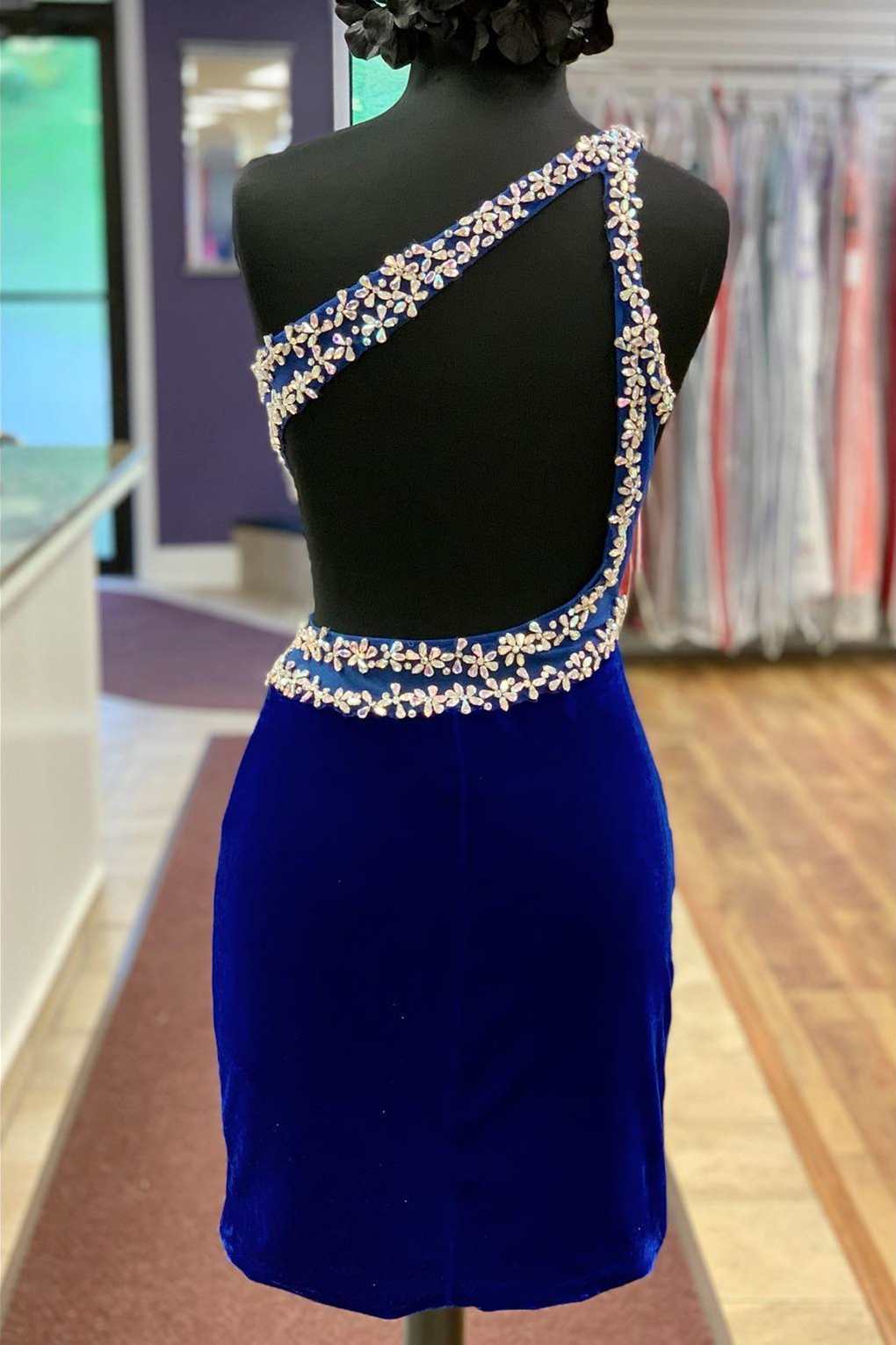 Royal Blue Velvet One Shoulder Beaded Short Homecoming Dress