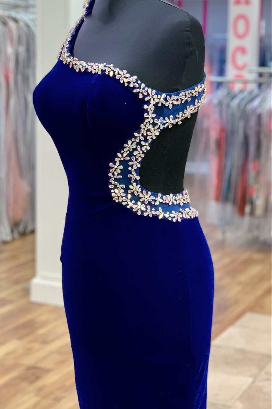 Royal Blue Velvet One-Shoulder Beaded Short Homecoming Dress