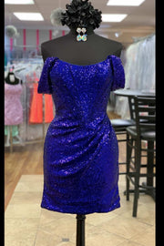 Magenta Sequin Off-the-Shoulder Short Homecoming Dress