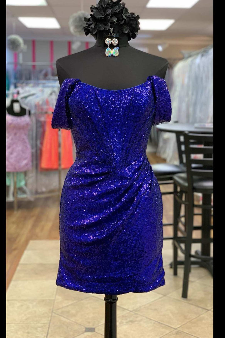 Magenta Sequin Off-the-Shoulder Short Homecoming Dress
