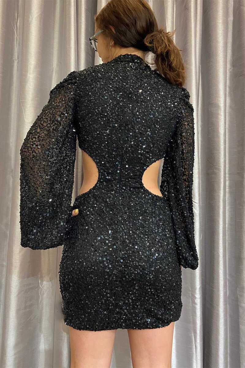 Black Sequin High-Collar Long Sleeve Backless Short Party Dress