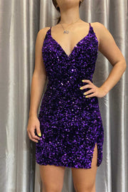 Purple Sequin V-Neck Short Homecoming Dress with Slit