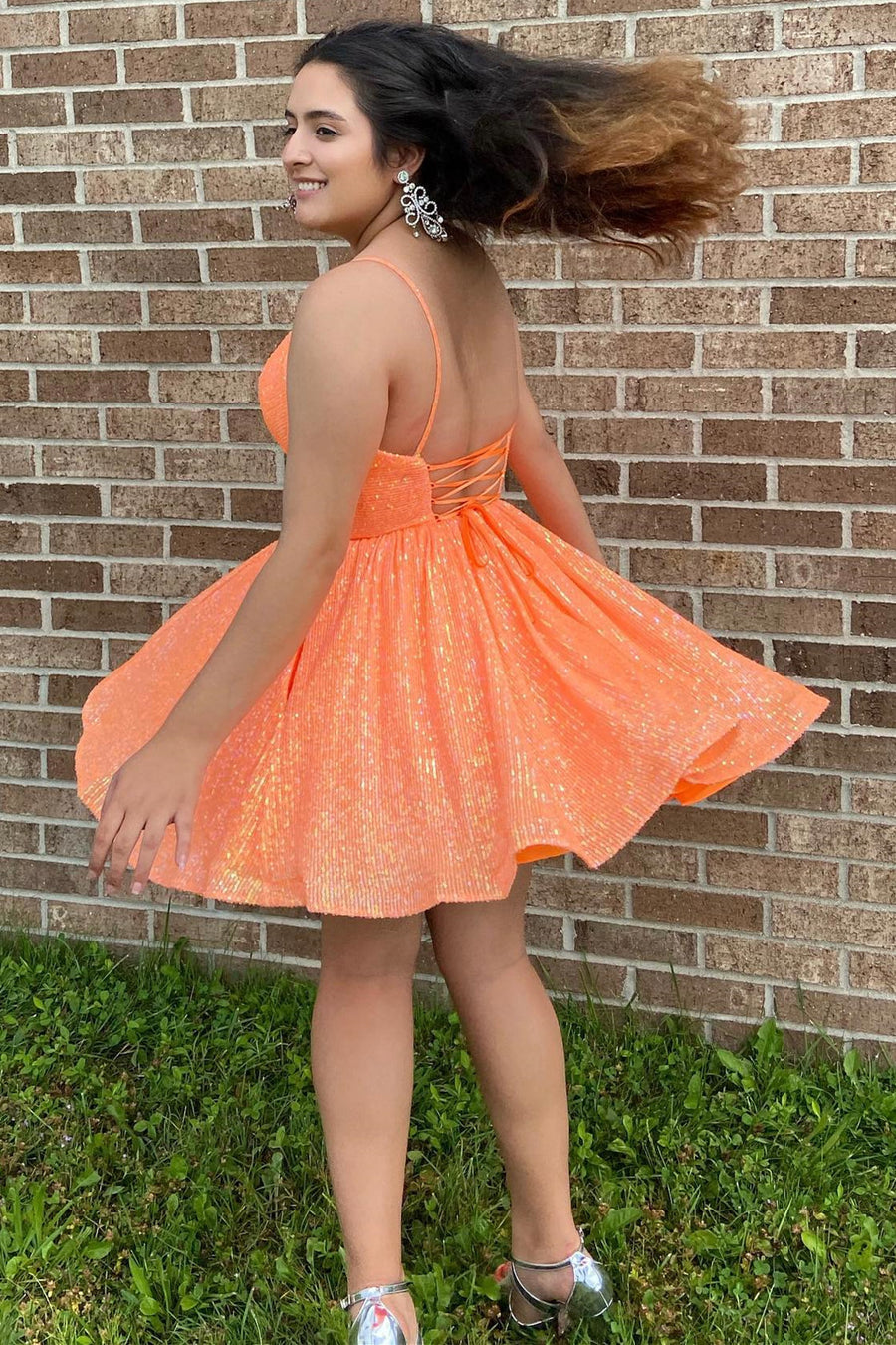 Hot Pink Sequin V-Neck A-Line Short Party Dress