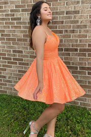 Hot Pink Sequin V-Neck A-Line Short Party Dress