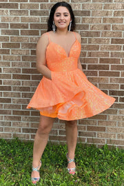 Hot Pink Sequin V-Neck A-Line Short Party Dress
