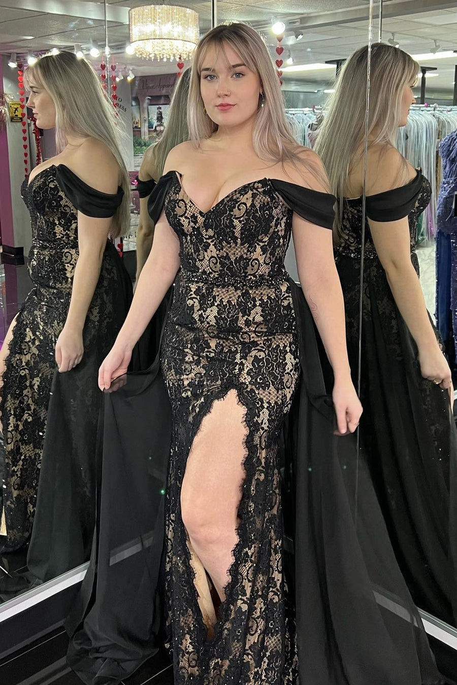 Mermaid Black Lace Off-the-Shoulder Long Prom Gown with Attached Train
