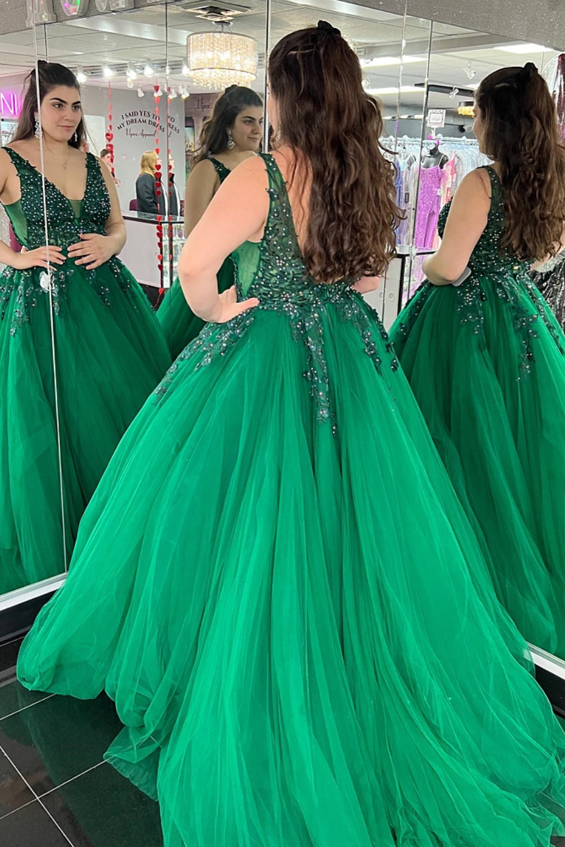 Emerald Green Tulle Appliques Backless A-Line Long Prom Dress