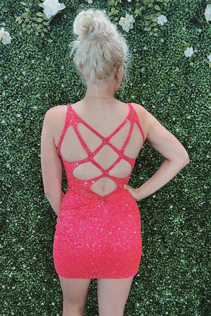 Royal Blue Sequin V-Neck Cutout Back Bodycon Short Dress