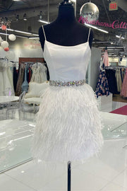 White Spaghetti Straps Feathered Short Party Dress with Beaded Belt