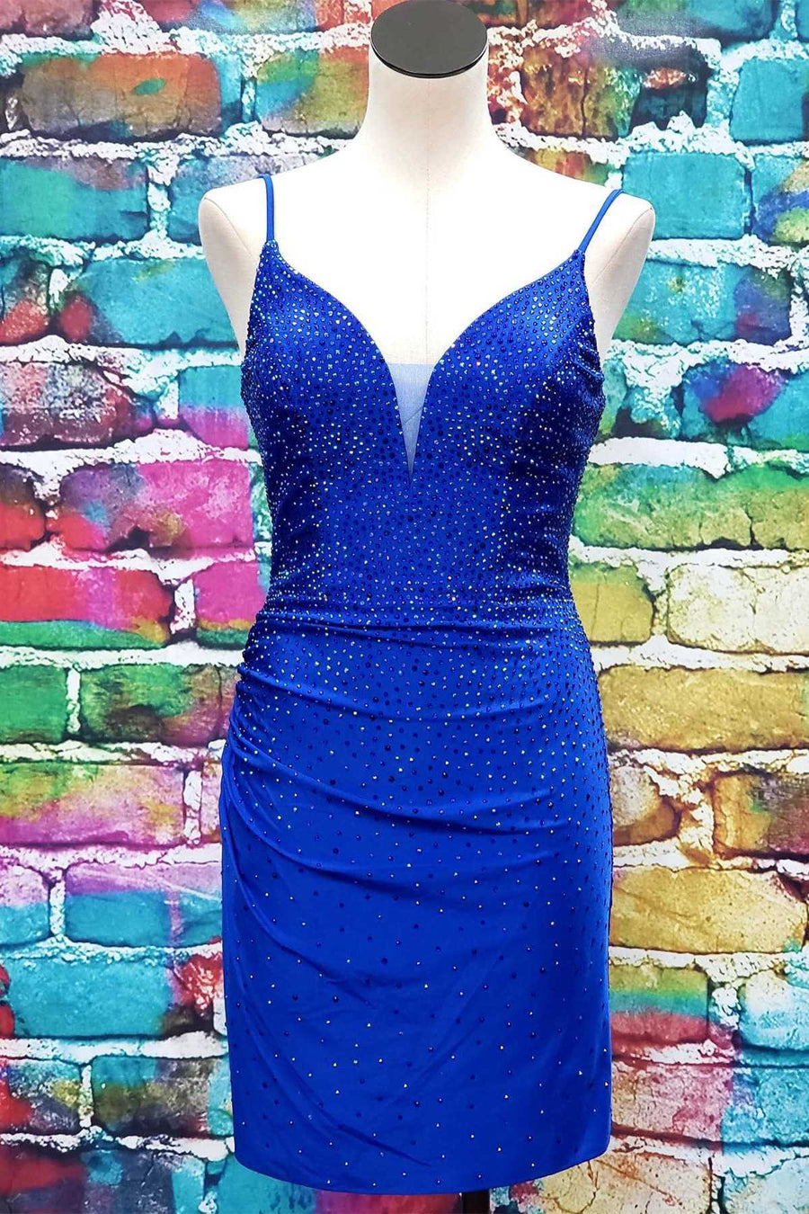 Royal Blue Beaded Plunge V Lace-Up Tight Homecoming Dress
