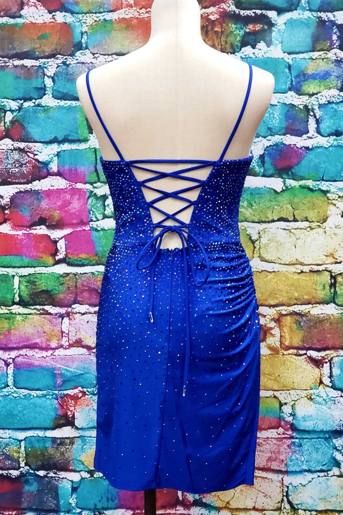 Royal Blue Beaded Plunge V Lace-Up Tight Homecoming Dress
